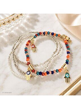 Hamsa Evil Eye Bracelet Set Multicolor Beaded Gold Charm Boho Jewelry